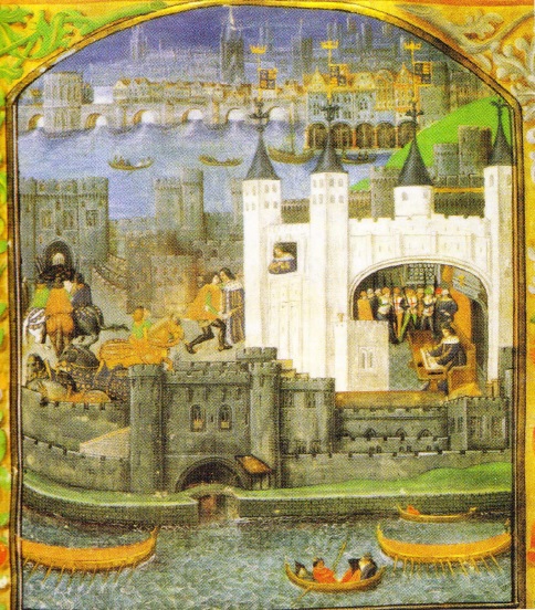 Turnul Londrei, fortificat si inaccesibil, servea drept resedinta ideala pentru rege (miniatura medievala)