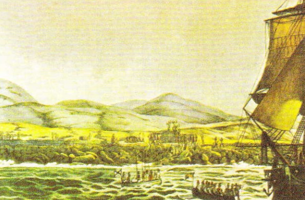 Nava "Rurik" aruncă ancora in apropierea Insulei Paştelui. Luis Choris, 1816 
