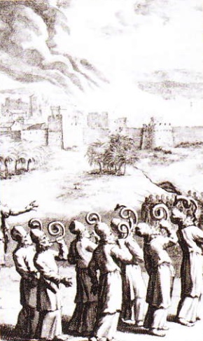 Preotii sufland in corn de berbec catre zidurile Ierihonului. Gravura (sec. XVIII-lea)